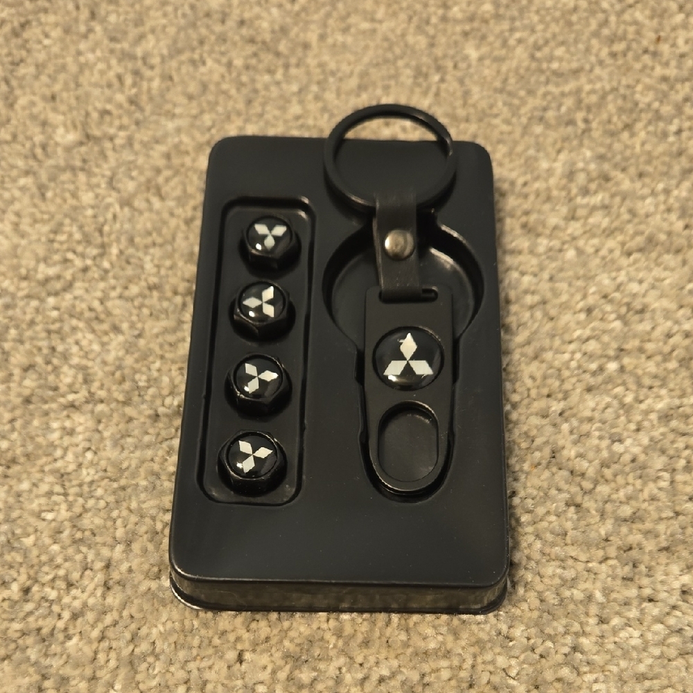 Mitsubishi Black & Silver Car Tire Valve Caps and Keychain Set